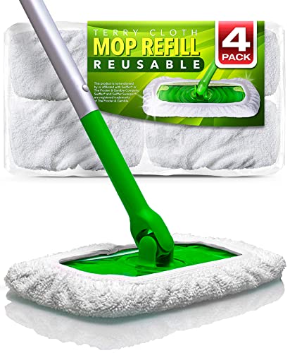 VanDuck Reusable 100% Cotton Mop Pads for Swiffer Sweeper (4-Pack) | Mop not included, reusable terry cloth mop covers, cotton replacement refills, machine washable wet mopping pads - color: Wet&dry (White), size: 4 Count (Pack of 1)