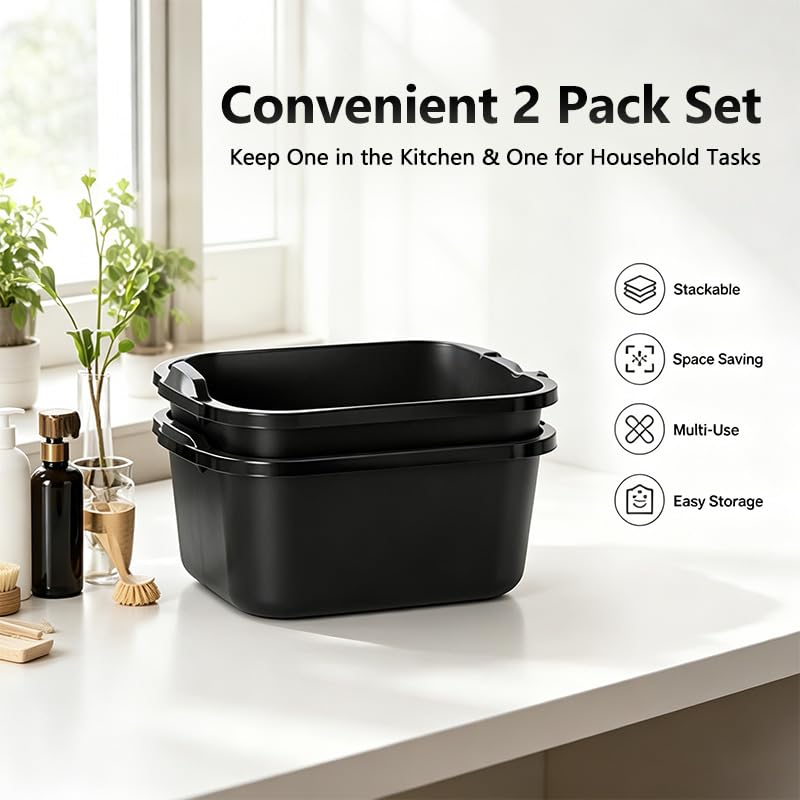 Wash Basin and Dish Pans for Kitchen Sink, 18 Qt Plastic Laundry Tub for Home Cleaning, Portable Water Bucket for Camping, Gardening and Dishwashing, Black, 2 Pack
