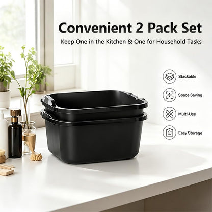 Wash Basin and Dish Pans for Kitchen Sink, 18 Qt Plastic Laundry Tub for Home Cleaning, Portable Water Bucket for Camping, Gardening and Dishwashing, Black, 2 Pack
