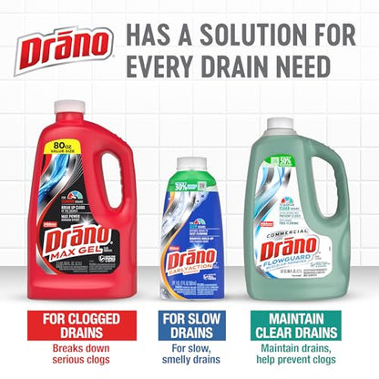 Drano Max Gel Drain Clog Remover & Cleaner, Fast-Acting to Unclog Standing Water & Remove Hair, Grease & Food Blockages, Safe for all Pipes & Septic, Kitchen Sinks, Bathroom Showers, 80 Oz, 2 Pack - size: 80 Fl Oz (Pack of 2)