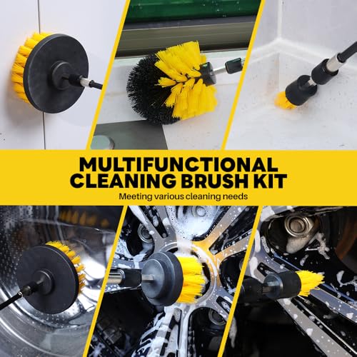 6Pcs Drill Brush Cleaning Kit with Extendable Rod, Yellow Power Scrubber Attachments for Shower, Tub, Tile, Grout, Kitchen and Car (Yellow-6pcs) - color: Yellow-6pcs