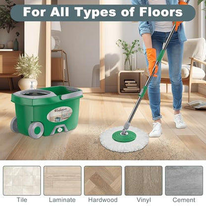 Dual Compartment Spin Mop and Bucket, Mop and Bucket with Wringer Set,360°Rotating Spinning Mopping for Floor Cleaning with 6 Microfiber Replacement Heads, 61" Extended Handle, 2X Wheel - Deep Green - size: Deep Green Mop Bucket + 6 Mop Heads