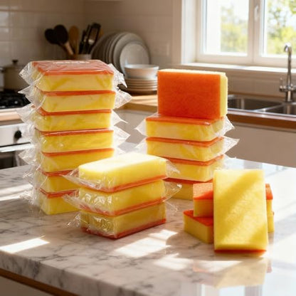 Tioncy 100 Pcs Individually Wrapped Sponges Bulk Kitchen Orange Non Scratch Scrub Sponges Dual Sided Cleaning Scrubber for Household Washing Dishes, Pots, Pans, Sinks, Stoves, Appliances, Car, Bike - color: Orange