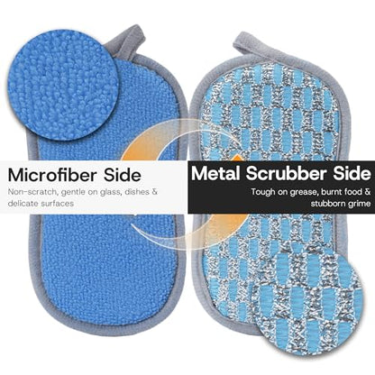 Multi-Purpose Scrub Sponges Kitchen – 12 Pack Dish Sponge, Dual-Sided Non-Scratch Microfiber & Metal Scrubber, Reusable Sponges for Dishes, Pots, Glass, Sink, Stovetop & Bathroom (Blue) - color: Blue