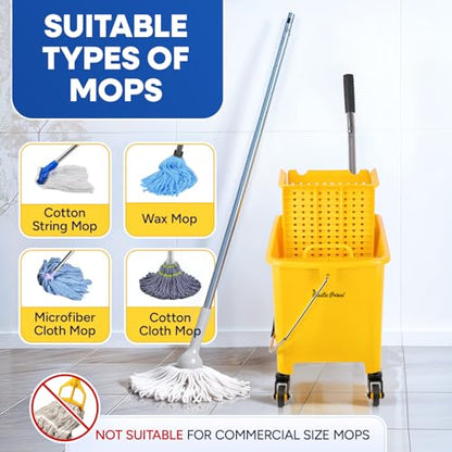 PLASTIC PRINCE Mop Bucket with NEW Reinforced Metal Wringer on Wheels Small Dual Chamber Industrial Mop Bucket with Reinforced Metal Wringer Separate Dirty Water for Business Household 20 Quart Yellow