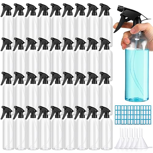 Lallisa 36 Pcs 16 oz Plastic Spray Bottles Leak Proof Empty Bottles for Cleaning Solutions Water Sprayer Bottle with Nozzle Mist, Labels and Handle Funnel for Auto Details, Bathroom, Kitchen, Planting - color: Clear