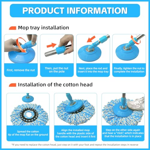 Spin Mop Replacement Handle 360 Degree Spin Mop Pole Handle Replacement Rotating Telescopic Stick for Mop Head, Ideal for Home and Household Cleaning - color: Blue, style: Plastic Disc