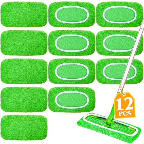 12-Pack Reusable Mop Pads Compatible with Sweeper Mop - 100% Coral Fleece Washable Refills - Microfiber Dry & Wet Sweeping Cloths for Multi-Surface/Hardwood Floor Cleaning - color: Green-12 Pack
