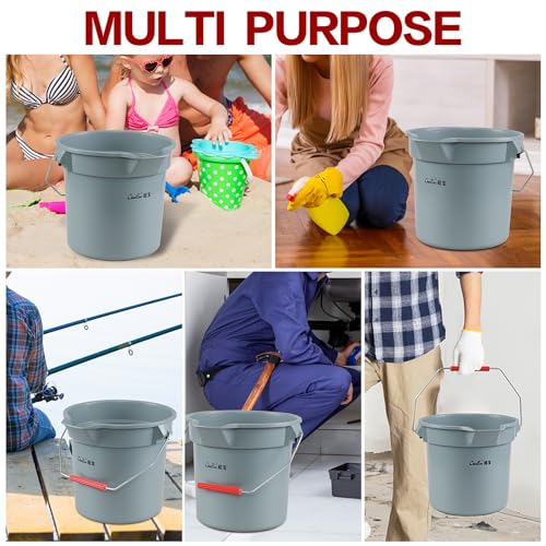 4-Pack 3.5 Gallon Industrial Round Utility Pail with Handle, Gray | 14 Quart, Plastic, Car Wash Bucket