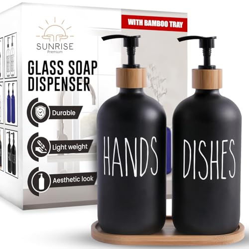 Sunrise Premium 16 OZ Thick Black Glass Soap Dispenser, Bamboo Pump with Tray 2 Pack, Hand and Dish Soap Dispenser Set for Bathroom with 6 Waterproof Labels - color: Bamboo Pump With Tray - Black Glass