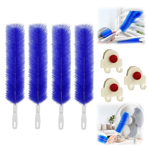 2Pcs Flexible Duster with Bendable Microfiber Head, Reusable Dust Remover, Fan Brush Cleaner for Ceiling Fans, Blinds, Furniture, Cars, Home Cleaning Tool with Soft Washable Fiber Head (Blue*4) - color: Blue*4