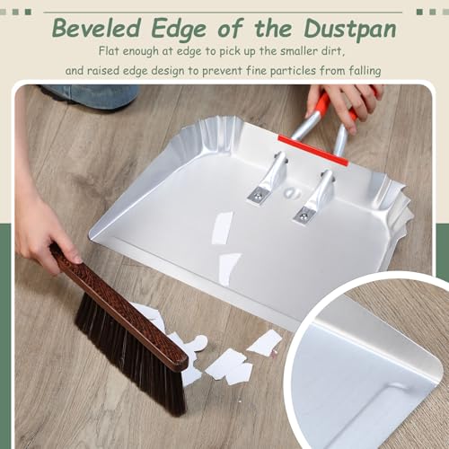 Pasimy 2 Pack 17" Metal Dust Pan and Brush Set, Large Heavy Duty Handheld Industrial Dustpan with Handle Debris Sweeping Tool Metal Edge Flat Against Floor for Outdoor Patio Yard Garage(Sliver) - color: Sliver
