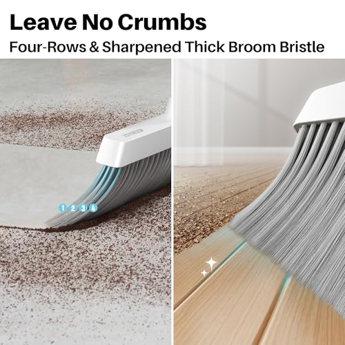 JOYMOOP White Broom and Dustpan Set, Upright Angle Design with Built-in Comb Teeth for Kitchen, Office, Pet Hair, Hard Floors - color: White & Grey