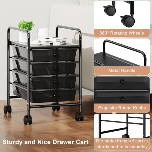 4-Tier Utility Cart with 4 Drawers, Rolling Utility Cart with 2 Lockable Caster Wheels, Multipurpose Mobile Rolling Drawer Cart for Office Bathroom Kitchen, Transparent Black - size: Black, 4-Tier