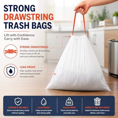 1.2 Gallon (240 Bags) Small White Drawstring Trash Bags Code A 4.5 Liter Bathroom Mini Garbage Bags 1 Gallon Wastebasket Can Liners for Home Office Bins, 240 Count
