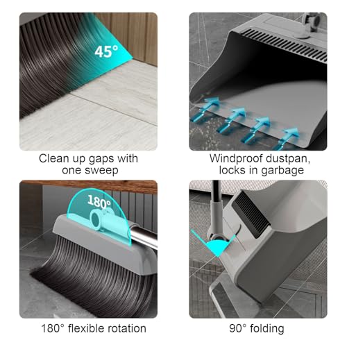 3-in-1 Broom and Dustpan Set - Stainless Steel Handle Floor Cleaning Kit for Home & Office, Space-Saving Storage Design - color: Gray