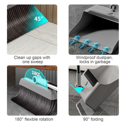 3-in-1 Broom and Dustpan Set - Stainless Steel Handle Floor Cleaning Kit for Home & Office, Space-Saving Storage Design - color: Gray
