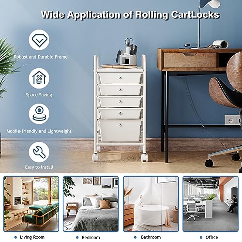 6-Tier Rolling Cart with 5 Drawers, Rolling Utility Cart with 2 Lockable Caster Wheels, Multipurpose Mobile Rolling Storage Drawer Cart for Office Bathroom Kitchen, Ivory White - size: White, 5-Tier, 4S/1L Drawer