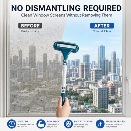 3 in 1 Window Screen Cleaner, Mesh Window Screen Cleaning Brush with Squeegee, Multi-Purpose Tool for Patio, Door and Porch Screens (Blue)