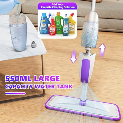 Microfiber Spray Mops for Floor Cleaning - SEVENMAX Dry Wet Floor Mop with Sprayer 3 Washable Pads fit Swiffer Powermop for Hardwood Laminate Tile Wood Vinyl Ceramic Home Kitchen Cleaning - size: White Purple Mop - 3 Pads