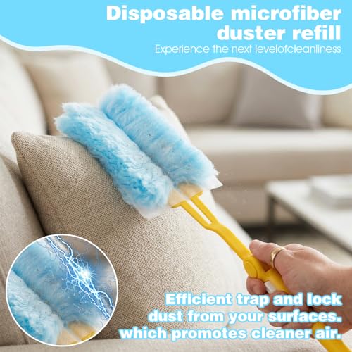 Long Duster with 60 Count Electrostatic Duster Refills, 2-Sided Blue Disposable Dusting Cloths & Adjustable Retractable Handle for Multi-Surface Cleaning, Furniture, Blinds, Ceiling Fans