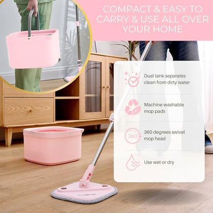 True & Tidy® True Clean Mop and Bucket System, Includes Square Spin, Dual Compartment Mop Bucket and 2 Thick Machine Washable Pads New Upgraded with Side Brush & Self Standing Handle, Rose - size: Spin Mop Rose w/ Side Brush & Self Standing Handle