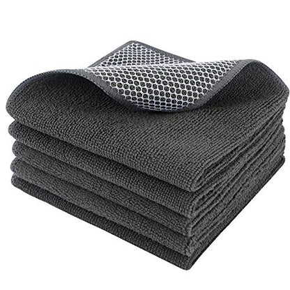 SINLAND Microfiber Dish Cloths Wash Clothes for Kitchen Best Kitchen Cloths Cleaning Cloth Poly Scour Side 12"x12" (5Pack, Dark Grey) - color: Dark Grey, size: 12inchx12inch 5pack