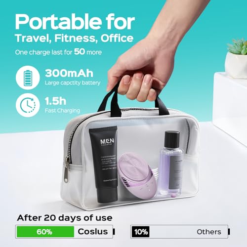 COSLUS FBS01 Facial Cleansing Brush Face Scrubber, Compact for Travel | Rechargeable, Gentle Silicone, 5 Cleansing Modes, Deep Cleaning for Men & Women, Removing Blackhead Exfoliating, Light Purple - color: Light Purple
