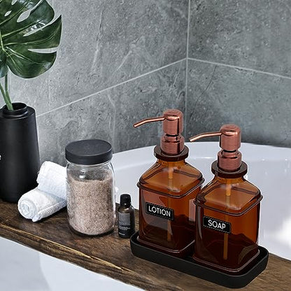 LMQML Soap Dispenser - 2 Pack, Antique Design Thick Amber Glass Hand Soap Dispensers with Sturdy Tray; 304 Rust Proof Stainless Steel Black Pump, 12Pcs Stickers, for Kitchen, Bathroom -Brushed Copper - color: Brushed Copper