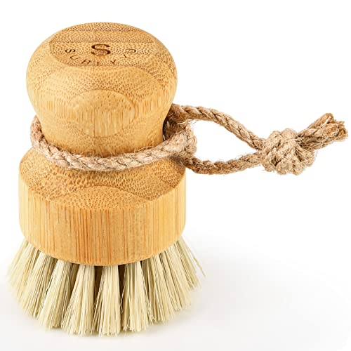SUBEKYU Bamboo Dish Scrub Brushes for Kitchen, Cleaning Scrubber for Washing Cast Iron Pan/Pot, Natural Sisal Bristles, 1 Pack - color: Sisal Brush, 1p