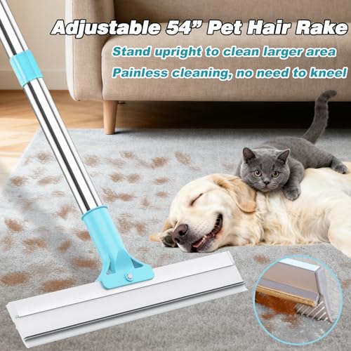 Hotsky Carpet Rake for Pet Hair Removal,3 in 1 Reusable Silicone Carpet Broom,54 inch Adjustable Cat Dog Hair Remover Tool with Lint Scraper and Patented Design for Rugs,Mats,Sofas,Floors