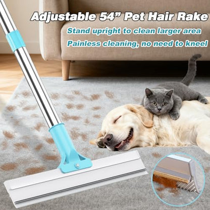 Hotsky Carpet Rake for Pet Hair Removal,3 in 1 Reusable Silicone Carpet Broom,54 inch Adjustable Cat Dog Hair Remover Tool with Lint Scraper and Patented Design for Rugs,Mats,Sofas,Floors