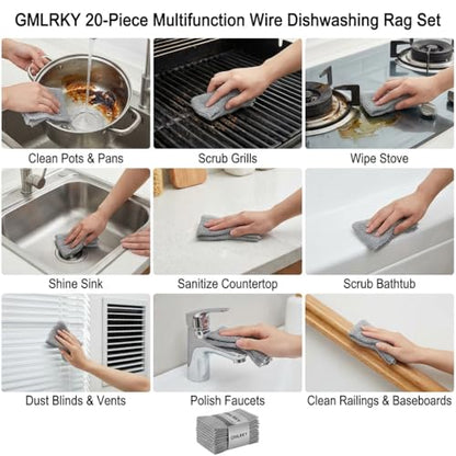 20 Pcs Value Pack Non Scratch Steel Wire Dishcloth, 7.87"x7.87" 2-Layer Multipurpose Rags - Reusable for Kitchen Dishes, Sinks, Stove Tops, Safe for Non-Stick