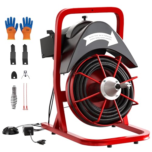 Garvee Drain Cleaner Machine 75FT x 1/2 Inch Steel Core Cable Portable 370W Electric Drain Cleaning Machine With Sewer Auger, Cutter, Air-activated Foot Switch, for Commercial, Home