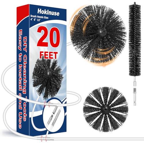 HOKLNUSE Dryer Vent Cleaner Kit Ducts Cleaning Kit for Dryer Air Duct HVAC Vent Fireplace Chimney Pellet Stove Gutter Downspout Dryer Vent Lint Removers with 1.5" 4" 6" Brush Heads (20 Feet) - size: 20 feet