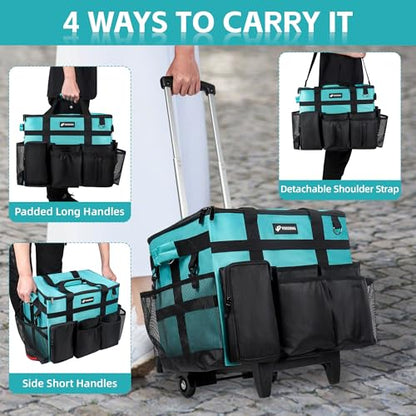 Rolling Cleaning Caddy Bag with Wheels, Large Cleaning Cart Detachable Trolley, Cleaning Bags for Housekeepers With Shoulder Strap & Multi Pockets for Cleaning Tools Storage (Amber Green)