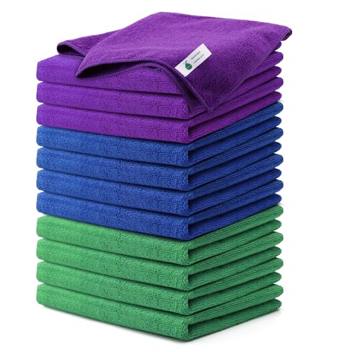 Microfiber Cleaning Cloths-12 Pack,Microfiber Towels for Cars & Kitchen,Highly Absorbent Cleaning Towel,Lint Free Streak Free Rags for House,Window,Purple,Green,Blue(16"x16") - color: Multicolor
