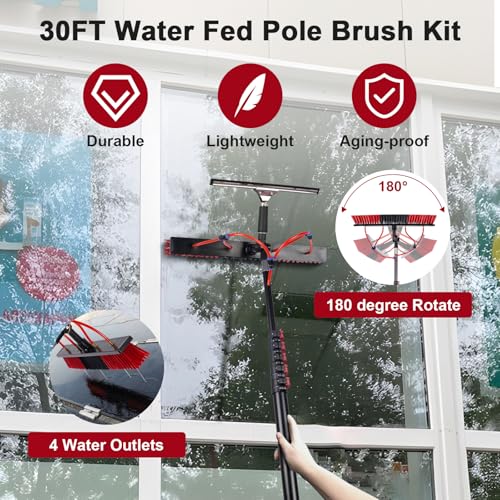 30FT Solar Panel Cleaning Brush & Squeegee Kit, Proffesional Window Washing Tool, 22in Wide Brush & 2 Dusting Brush, Water Fed Pole, Extendable Telescopic Pole for Roof Mounted Solar Panels - size: 30ft