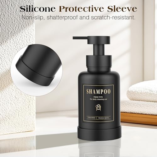 Luxspire Foaming Soap Dispenser, Glass Foam Pump Soap Dispenser, Non-Slip Hand Soap Bottle with 5 Waterproof Labels, 15 Oz Refillable Liquid Soap Bottle for Bathroom & Kitchen, Black, 2 Pack - color: Black