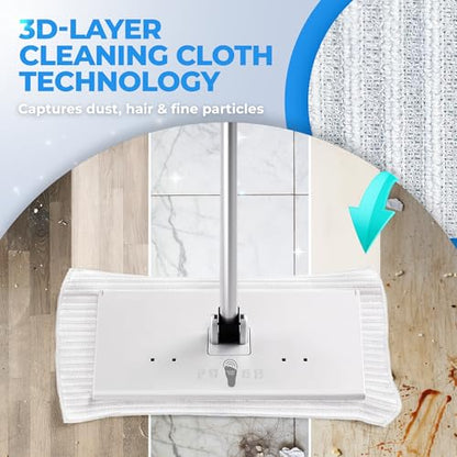 Hands-Free Flat Floor Mop & Sweeper - Foot-Tap Lock System Compatible with Most Pads - 360 Swivel & Adjustable Aluminum Handle - Includes Baking Soda Wet Wipes & 3D Microfiber Cloth