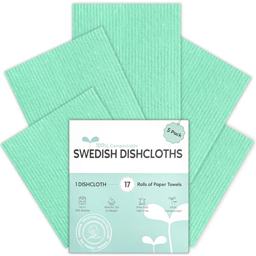 Swedish Dishcloths for Kitchen, 5 Pack Swedish Dish Cloths, Ultra Absorbent Reusable Paper Towels, Cellulose Sponge Cloths, Quick Drying, No Odor, Dishwasher Safe Mint Green - color: Mint Green