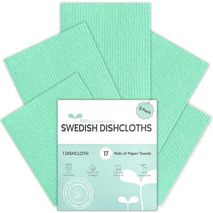 Swedish Dishcloths for Kitchen, 5 Pack Swedish Dish Cloths, Ultra Absorbent Reusable Paper Towels, Cellulose Sponge Cloths, Quick Drying, No Odor, Dishwasher Safe Mint Green - color: Mint Green
