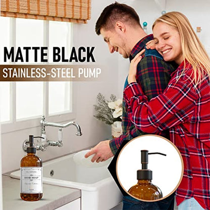 Sunrise Premium 2 Pack Amber Glass Soap Dispenser 16 OZ with Oil Rubbed Bronze Stainless Steel Pump, Hand and Dish Soap Dispenser Set for Bathroom and Kitchen Sink with 6 Waterproof Labels - color: Oil Rubbed Bronze Ss Pump - Amber Glass