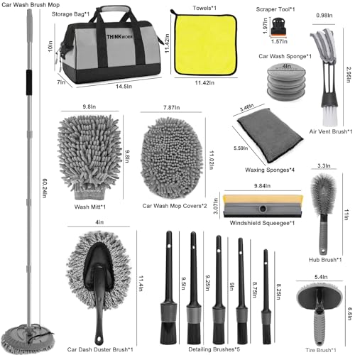 THINKWORK Car Wash Kit, 62'' Car Washing Brush with Long Handle, Extendable Car Wash Brush Mop with 2-in-1 Windshield Squeegee and 9Pcs Detailing Brushes, Gray Car Detailing Kit Gift for Men - size: 25 Count (Pack of 1)