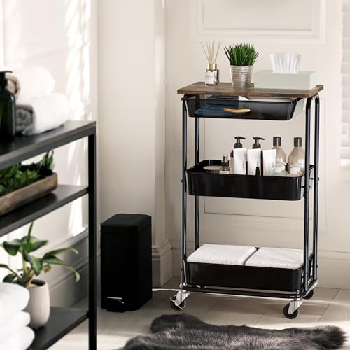 Simple Houseware 3-Tier Rolling Utility Cart with Drawer & Wood Tabletop - Mobile Sofa Side Table, Nightstand, Slim Storage Organizer Trolley for Bedroom, Bathroom, Office & Art Supplies, Rustic Brown - color: Rustic Brown