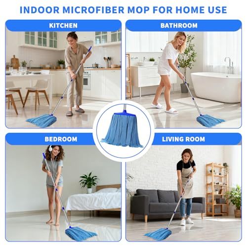 Microfiber Cloth Mop, Commercial Cloth Mops 52“ Stainless Steel Handle with 1 Mop Head for Floor，Indoor and Outdoor Use , Blue