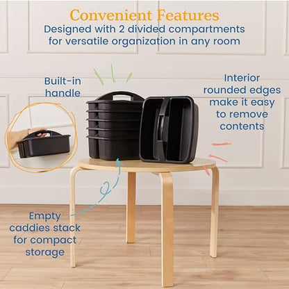 ECR4Kids 2-Compartment Large Plastic Caddy, Multipurpose Organization, Black, 6-Pack - color: Black