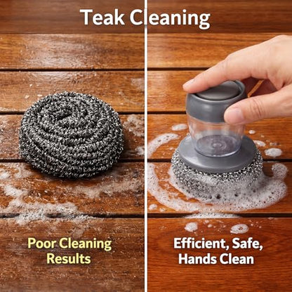 Teenyyou 2 Pcs Steel Wool Scrubber with Soap Dispenser Automatic Liquid Dispensing Stainless Steel Teak Scrubbing with Replacement Kit Scrubber Sponge with Handle for Outdoor Kitchen Wood Furniture