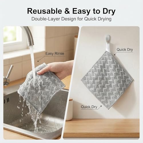 12 Pack Dish Cloth, 3-Layer Non Scratch & Odor Steel Wool Scrubber | Reusable & Multipurpose for Wet & Dry Cleaning | Safe for Dishes, Sinks, Stove Tops & Nonstick Cookware