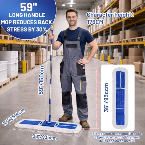36" Commercial Dust Mop: Dry Dust Broom for Hardwood Floors Cleaning - 2 Mop Pads 59" Long Handle Heavy Duty Frame - Industrial Professional Cleaning Supplies for Hotel Warehouse School Janitor - size: 36 inches Dust Mop